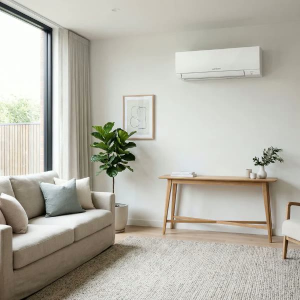 A family relaxing in a bright living room with a wall-mounted air conditioning unit